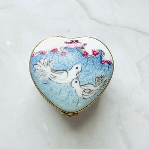 Limoges Heart Trinket Box with White Doves on Blue Ring Box